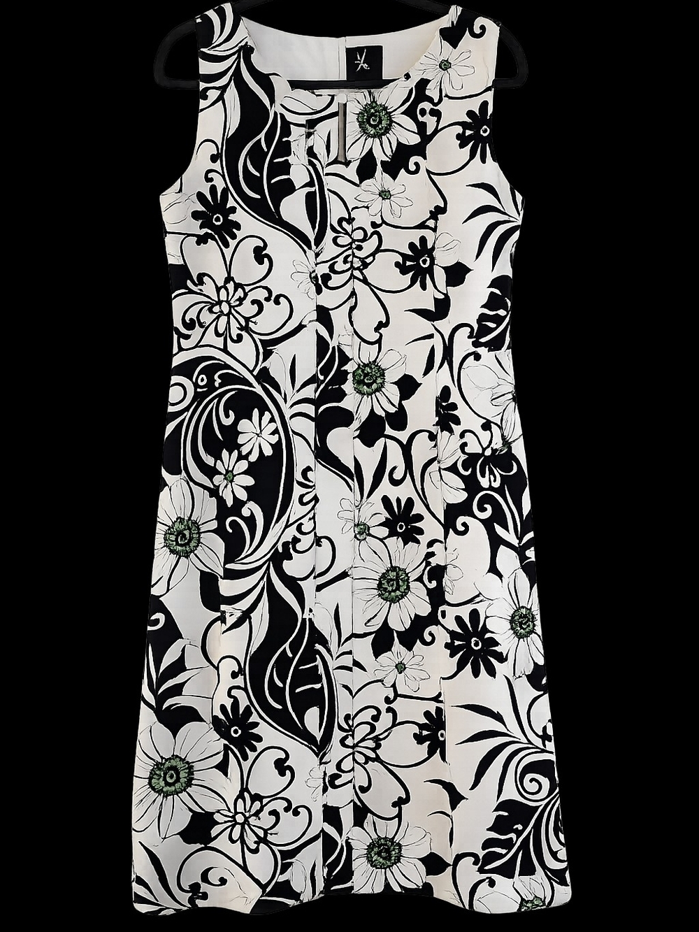 K Black & White Floral A-Line Dress with Green Accents 97% Cotton Sz 14